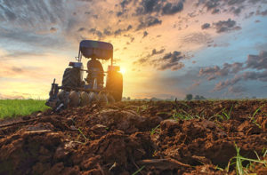 Rückansicht von einem Landwirt auf einem Traktor auf einem gepflügtem Feld