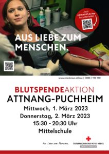 Plakat der Blutspendeaktion mit Text und Foto einer blutspendenden Frau