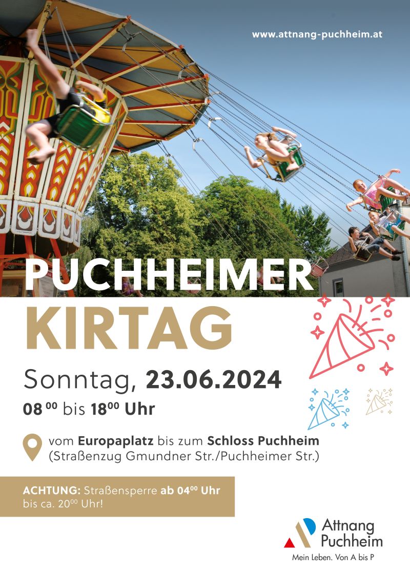 Das Plakat vom Kirtag 2024 zeigt ein Foto eines Karussells sowie Datum und Ort der Veranstaltung.