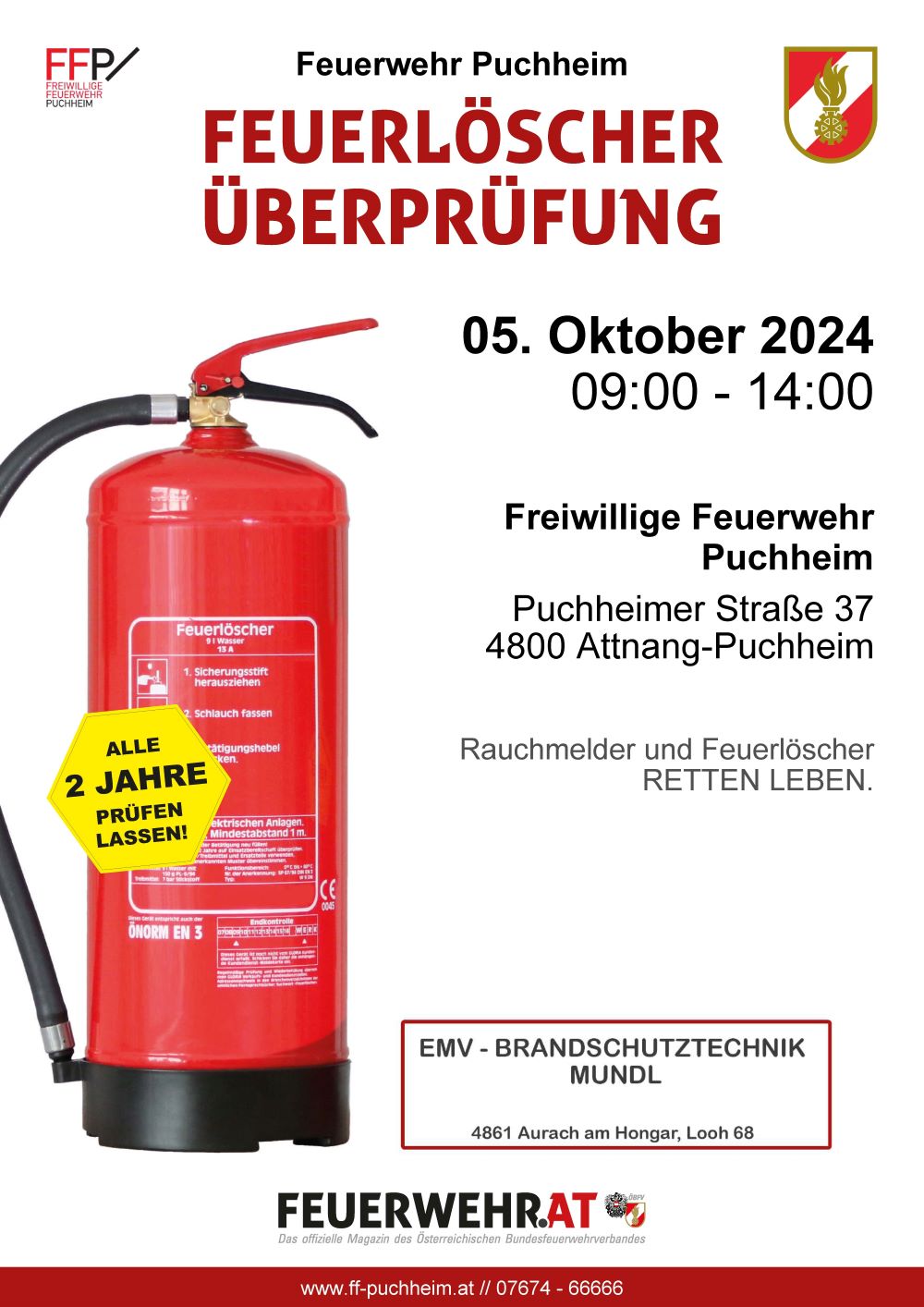Das Plakat zur Feuerloescher-Ueberpruefung 2024 zeigt Text und das Bild eines Feuerloeschers