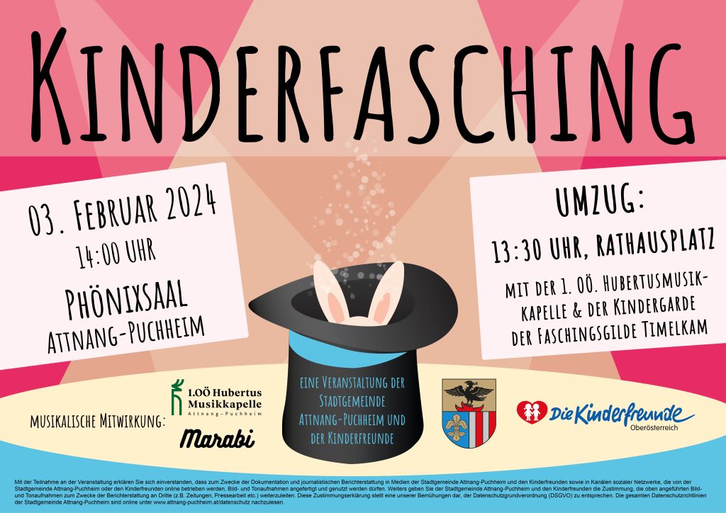 Das Plakat zum Kinderfasching 2024 zeigt Text und Logos in einer Manege. In der Mitte ein schwarzer Zylinder, aus dem Hasenohren herausschauen. 