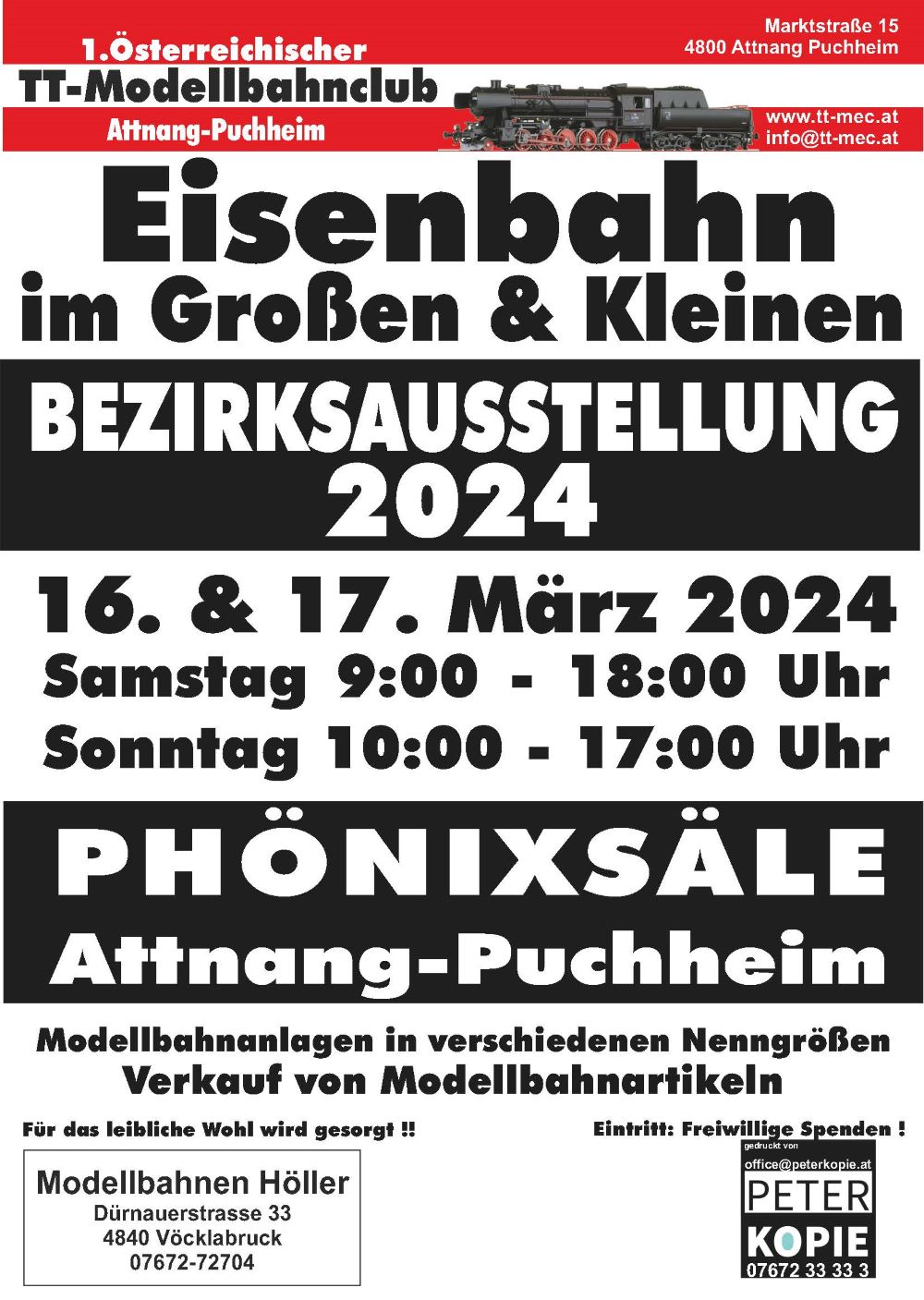 Eisenbahn im Großen und Kleinen lautet der Titel der Bezirksausstellung des TT-Modellbahnclubs, die am 16. und 17. März 2024 im Phönixsaal in Attnang-Puchheim stattfindet.