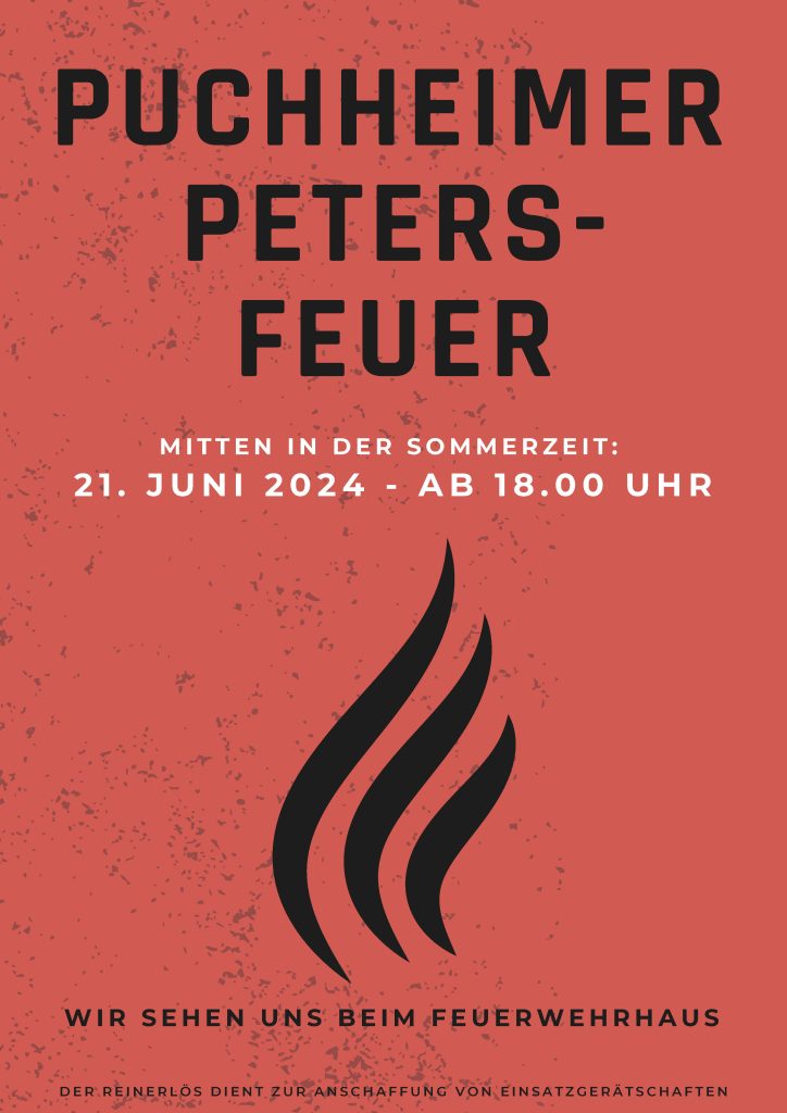 Das Plakat zum Puchheimer Petersfeuer zeigt Text und die Illustration einer Flamme vor rotem Hintergrund. 
