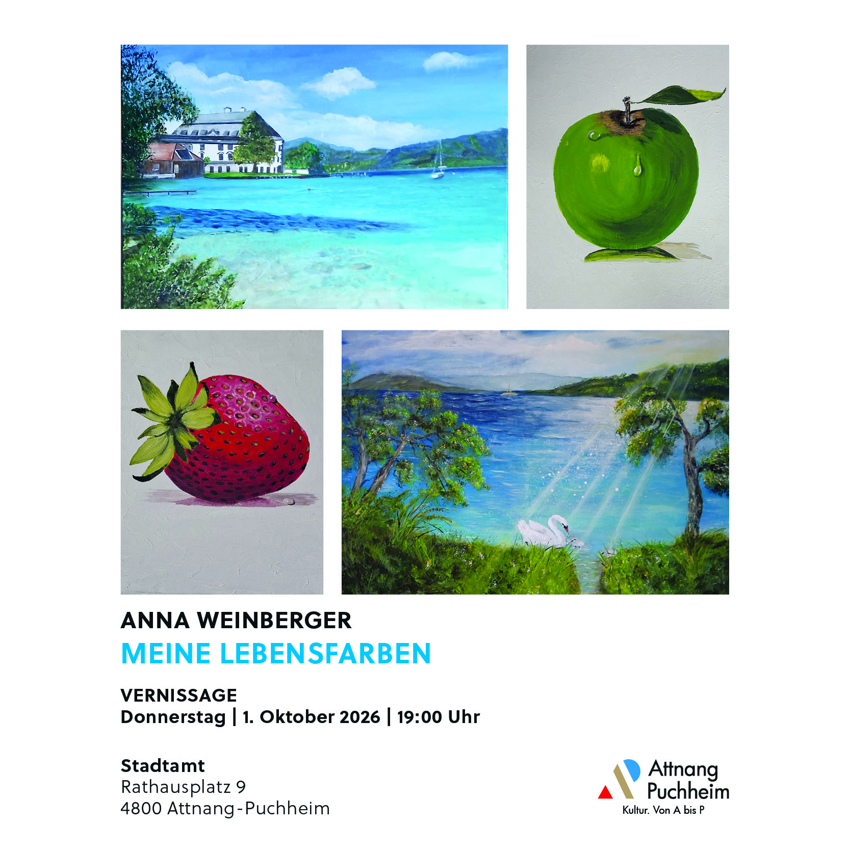 Gemälde von Anna Weinberger: Seelandschaft, Apfel und Erdbeere